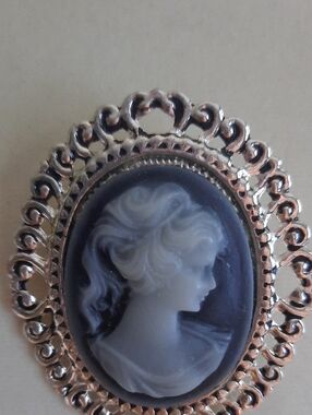 Black and White Cameo Brooch with Ornate Silver-Tone Frame